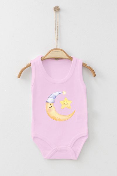 ADABEBEK Cute Moon and Star Patterned Printed Strap Snap-On Bodysuit