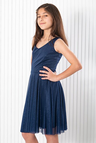 SUBU TASARIM Sırt Detaylı Tül Abiye Elbise Lacivert MDV942