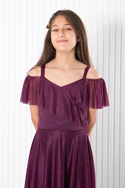 SUBU TASARIM Askılı Simli Abiye Elbise Mürdüm MDV938