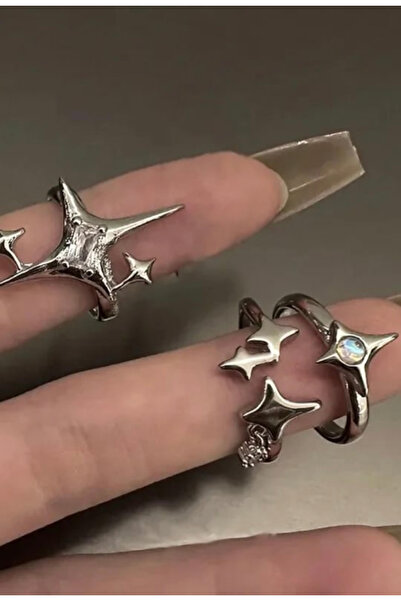 Köstebek Taşlı Yıldızlı Ayarlanabilir 3’lü Yüzük Seti