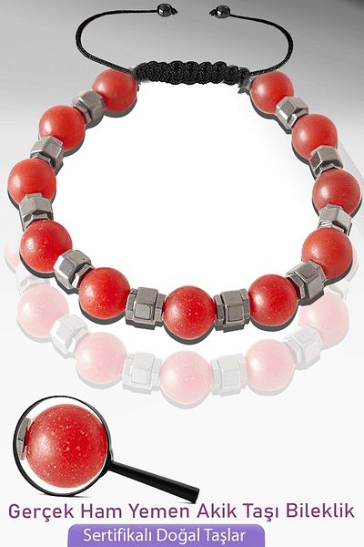 Tesbih Atölyesi Certified Natural Raw Yemen Agate Stone Bracelet - Adjustable