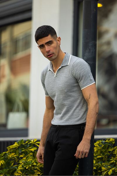 Buteks 100% πλεκτά γκρι βιζόν Classic Casual Regular Fit Crew Neck Flowy πλεκτό μπλουζάκι πόλο με λαιμόκοψη