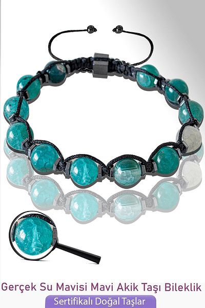 Tesbih Atölyesi Certified Real Water Blue Agate Stone Bracelet - Adjustable