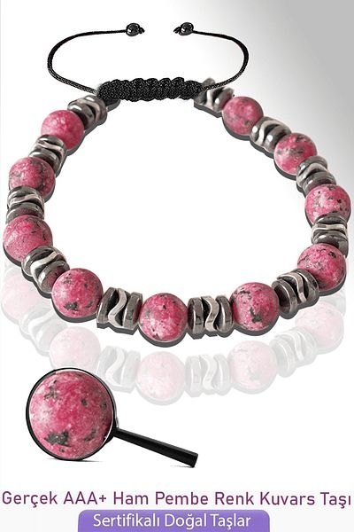 Tesbih Atölyesi Certified Pink Colored Real Quartz Stone Bracelet - Adjustable