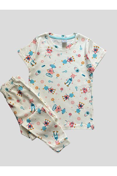 elmas kids Set de pijamale de vară cu mânecă scurtă, din bumbac, cu modele de robot, pentru fete