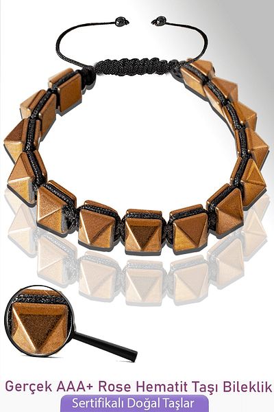 Tesbih Atölyesi Certified Macrame Real Rose Hematite Stone Bracelet - Adjustable