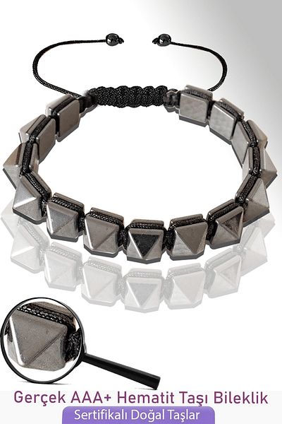 Tesbih Atölyesi Certified Diamond Cut Real Silver Hematite Stone Bracelet - Adjustable