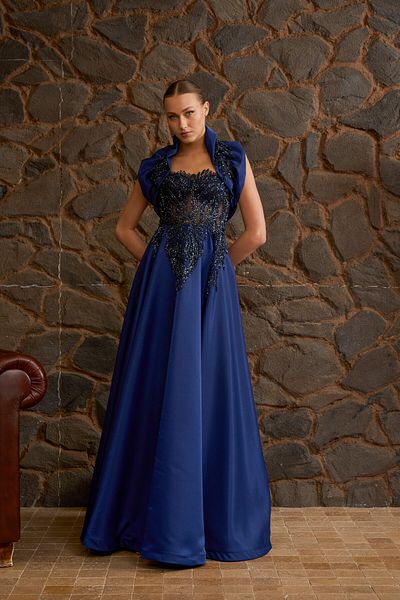 Lenta Moda Navy Blue Embroidered Maxi Length Satin Evening Dress and Evening Dress with Changeable Collar Detail