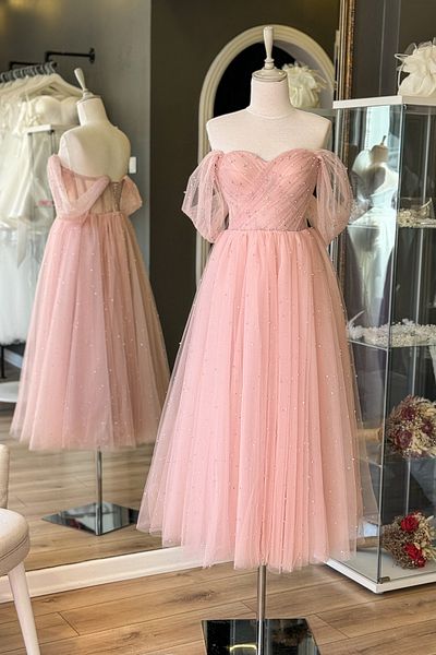 Lenta Moda Powder Pearl and Shining Stones Midi Length Draped Transparent Evening Dress and Evening Dress