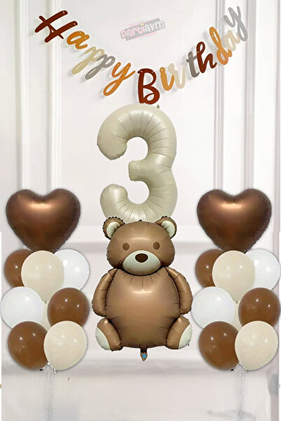 PARTİAVM Sevimli Ayıcık Soft Kahve Tonları Balon Seti Krem Rakam Retro White ...