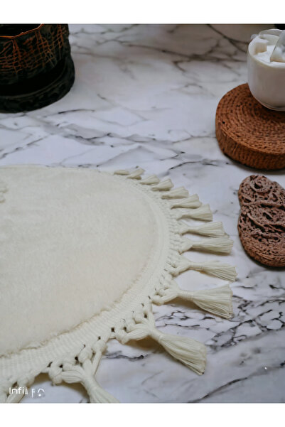 Altun 2-Piece 3-Piece Cream Modern Simirna Decorative Plush Oval Pompom Fringed Toilet Seat 50*80 40*50