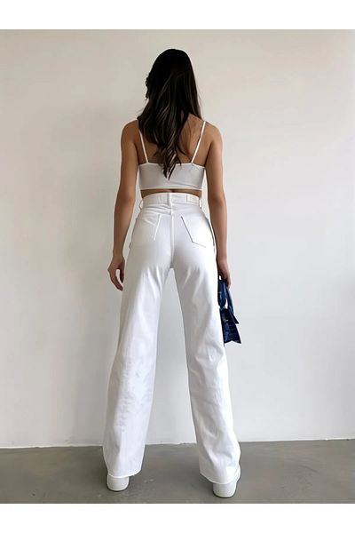 dressmix Blugi Palazzo albi de damă cu talie înaltă Blugi albi largi 100% bumbac natural