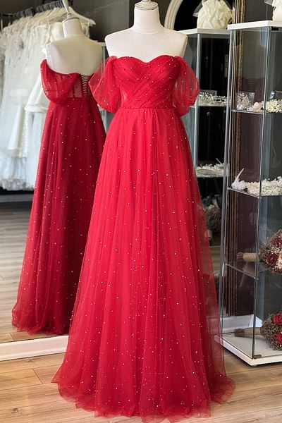 Lenta Moda Red Maxi Length Draped Transparent Evening Dress with Stone Detail