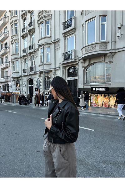MEECY Lederjacke mit Ballonärmeln für Damen