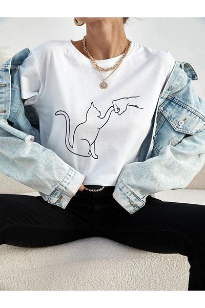 Josette Μπλουζάκι Cat Silhouette - Λευκό εμπριμέ κοντό μανίκι με λαιμόκοψη