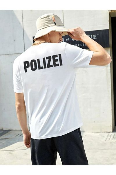 Josette T-Shirt Polizei Text - Λευκό εμπριμέ κοντό μανίκι με λαιμόκοψη