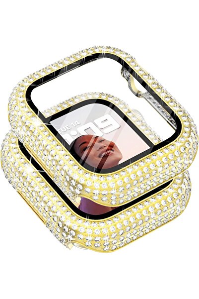 Nezih Case Apple Watch 7/8/9 45mm Uyumlu Çift Sıra Parlak Taşlı 360 Darbe Önl...