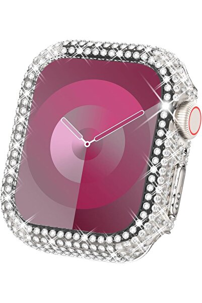 Nezih Case Apple Watch 7/8/9 45mm Uyumlu Çift Sıra Parlak Taşlı 360 Darbe Önl...