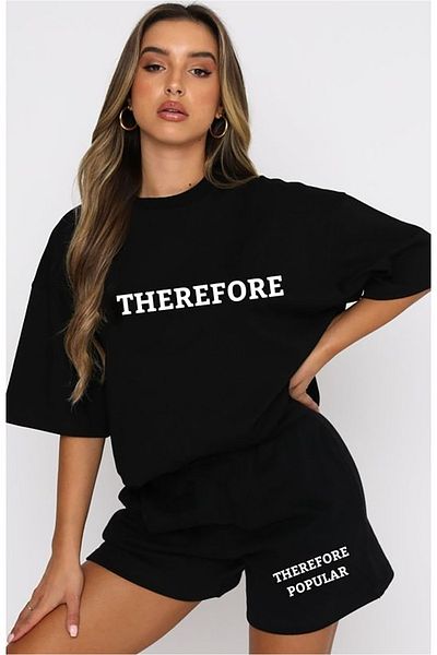 Josette Therefore T-Shirt Shorts - Black Shorts T-Shirt Bottom Top Set Printed Crew Neck