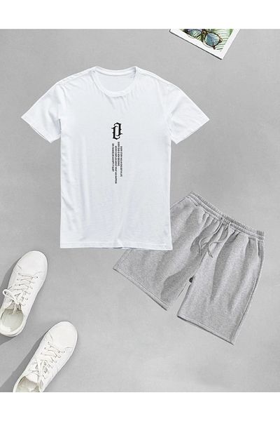 Josette Vertical Design T-Shirt Shorts - White Gray Shorts T-Shirt Top and Bottom Set Printed Crew Neck
