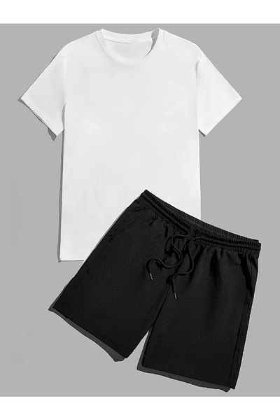 Josette Never Look Back T-Shirt Shorts - White with Black Shorts T-Shirt Top and Bottom Set Printed Crew Neck