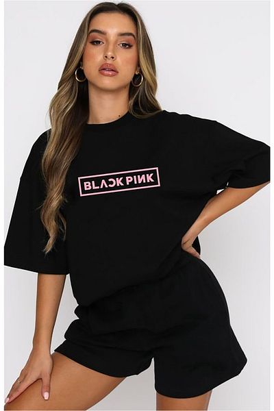 Josette Blackpink T-Shirt Shorts - Black Shorts T-Shirt Top and Bottom Set Printed Crew Neck