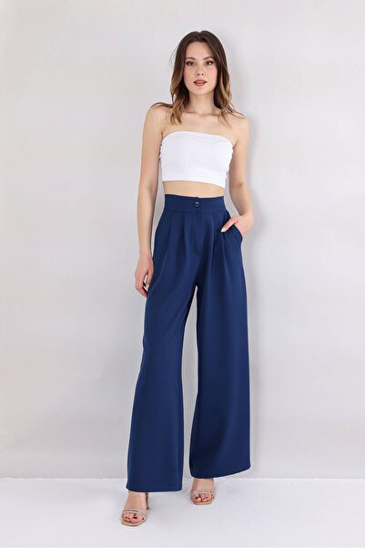 Fashion Showcase Palazzo Double Pleated Wide Leg High Waist Trousers - Navy Blue
