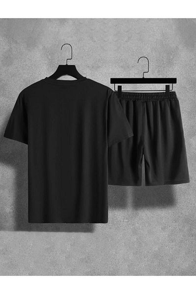 Josette Vertical Symbol Pattern T-Shirt Shorts - Black Shorts T-Shirt Bottom Top Set Printed Crew Neck
