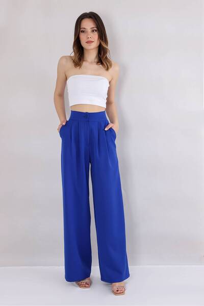 Fashion Showcase Palazzo Double Pleated Wide Leg High Waist Trousers - Saks