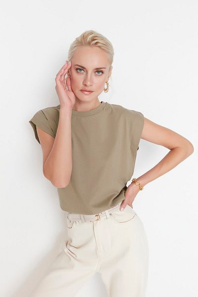 Trendyol Collection Mink 100% pamut vatta kinézetű Basic Crew nyakú kötött póló TWOSS20TS0021