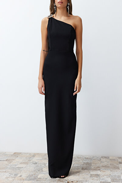 Trendyol Collection Dlouhé černé večerní šaty s doplňky, tkané, TPRSS24AE00127