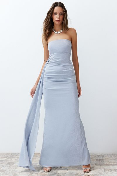Trendyol Collection Modré třpytivé pletené dlouhé stylové večerní šaty Tprss24Ae00093