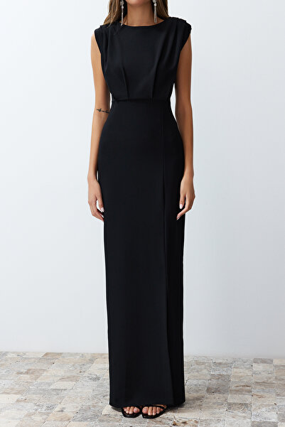 Trendyol Collection Černé vycpané tkané dlouhé stylové večerní šaty Tprss24Ae00087