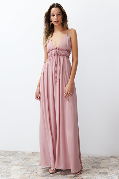 Trendyol Collection Βραδινό φόρεμα A-Cut Dried Rose Chiffon - Μακρύ και κομψό TPRSS24AE00058