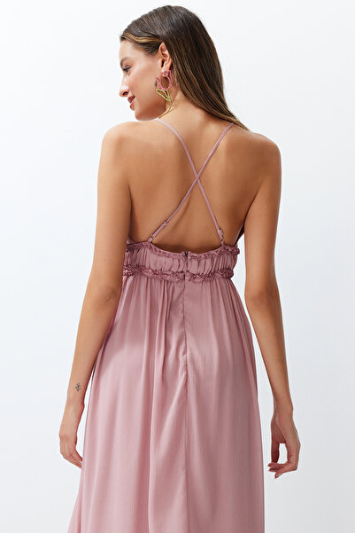 Trendyol Collection Βραδινό φόρεμα A-Cut Dried Rose Chiffon - Μακρύ και κομψό TPRSS24AE00058