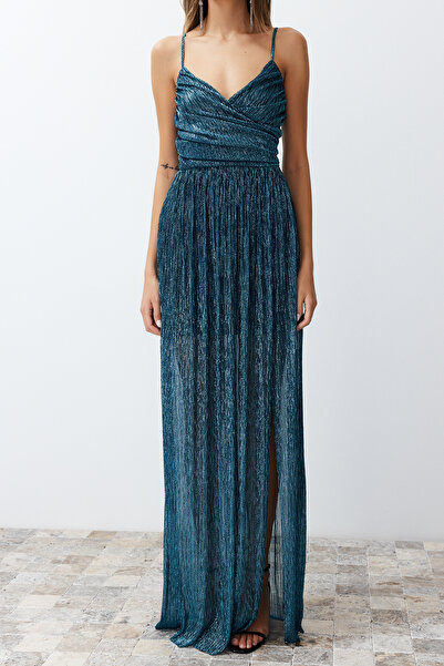 Trendyol Collection Βραδινά πλεκτό μακρύ πλεκτό φόρεμα Sparkling Petrol Color A-Cut - TPRSS24AE00100