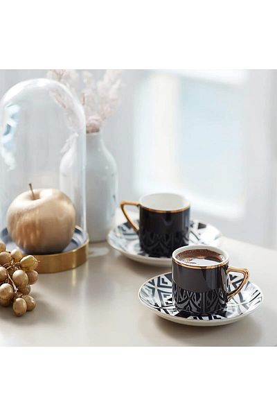 Karaca 4 Kişilik Monokrom Kaffeeservice, 4x Espressotassen und 4x Untertassen, Espressotassen