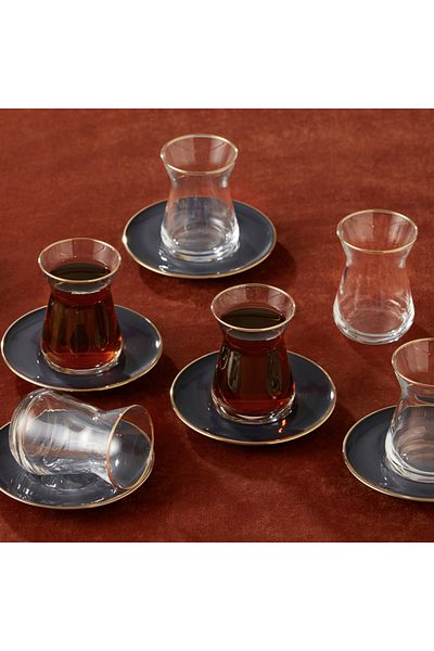 Karaca Retro Anthrazit Teeset für 6 Personen Teeservice, Türkische Teegläser mit Untertasse, Cay Bar