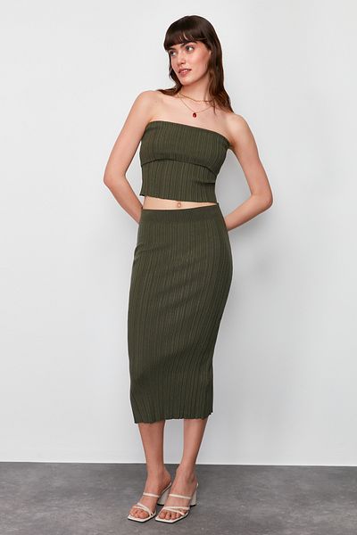 Trendyol Collection Khaki Midi Knitwear Premium Yarn/ Special Yarn Skirt TWOSS24ET00042