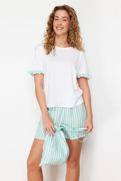 Trendyol Collection White 100% Cotton Striped Bag Gift Shorts Knitted Pajamas Set Thmss24Pt00191