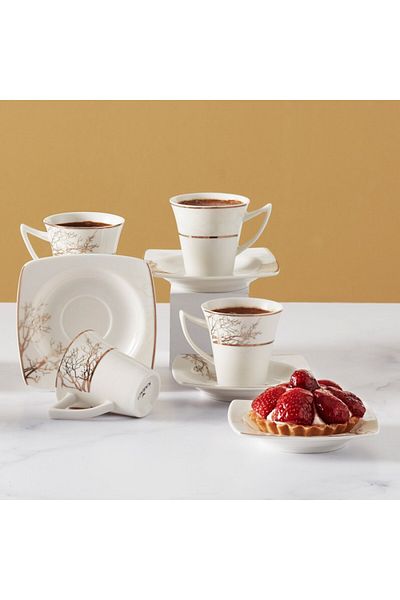 Karaca Autumn Kaffeeservice für 6 Personen, 6x Espressotasse und 6x Untertasse, Robuste Mokkatasse,