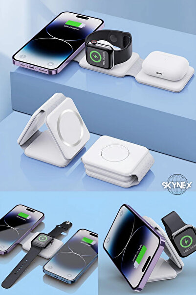 SKYNEX IPhone İçin 3 in 1 Kablosuz Şarj Manyetik Katlanabilir Şarj İstasyonu ...