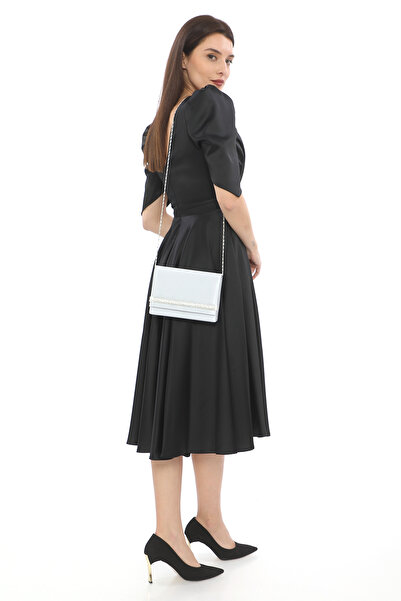 Piedra Silver Colored Satin Fabric Evening Dress Bag with Stone and Magnet Cover, Can Be Used in Hand and with Shoulder Strap