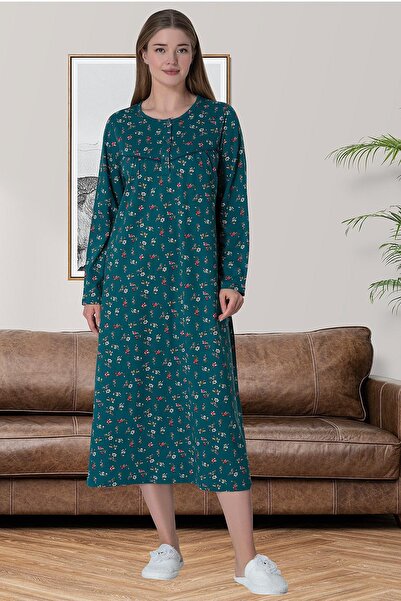 by İGP Mecit Green 100% Cotton Floral Large Size Women's Nightgown