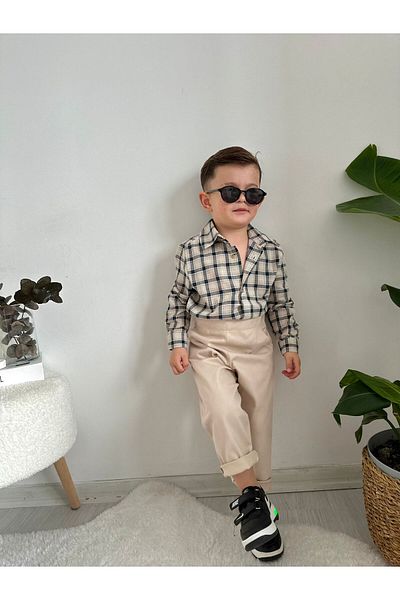 favorimkids طقم قميص ذو مربعات وبنطلون بلون كريمي من الأسفل والأعلى