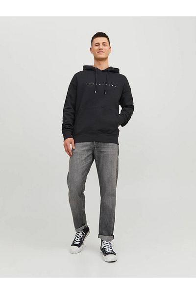 Jack & Jones Men's Embossed Printed Hooded Sweatshirt-Black