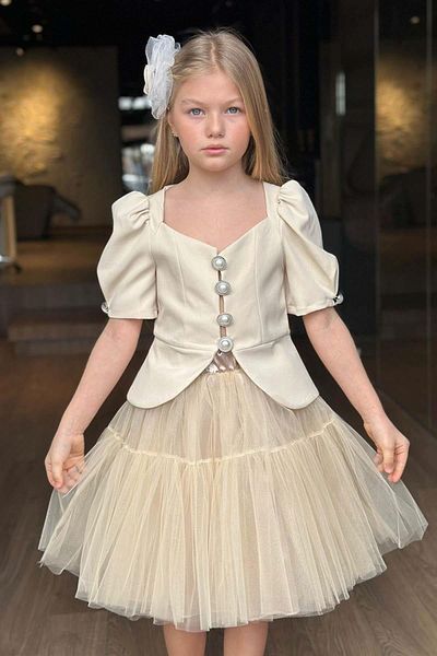 Riccotarz Girl's Watermelon Sleeve Button Detailed Jacket Layered Tulle Cream Skirt Suit