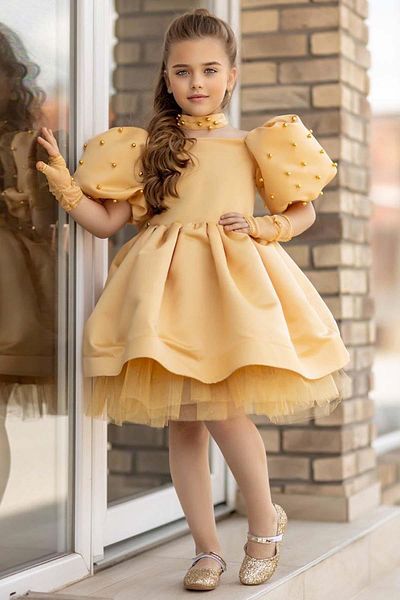Riccotarz Girl's Salmon Evening Dress with Watermelon Sleeve, Pearl Beads and Transparent Gloves Detail and Tulle Inside