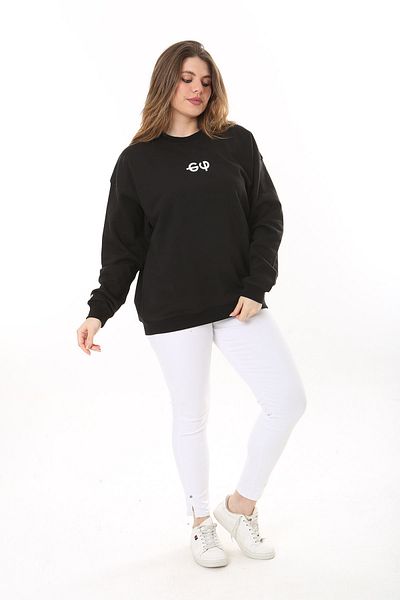 Şans Women's Large Size Black Cotton Fabric Back Printed Sweatshirt 65N37618