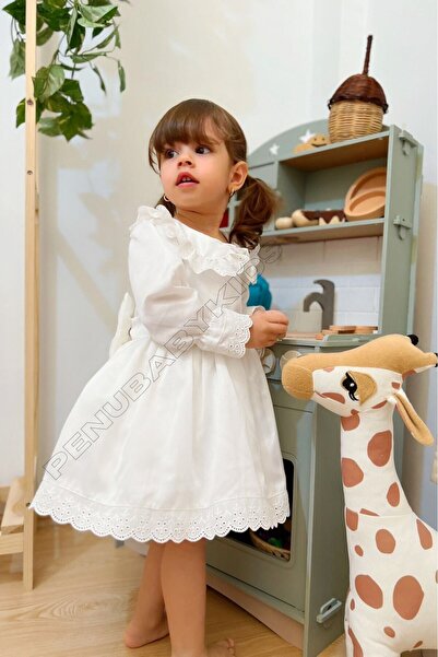 penu baby kids Beyaza Beyaz Fiyonklu Uzun Kol Kız Bebek Elbise - Candy